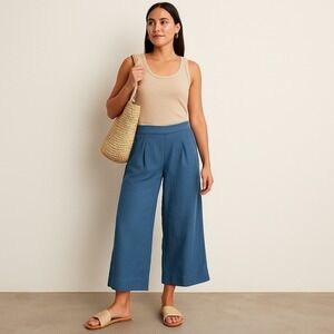 Athleta Playa Linen Wide Leg Crop Pants Blue Size 2 Coastal Boho Resort Core